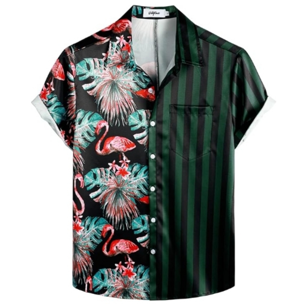 Hawaiian Flamingo Casual Tropical Short Sleeve Shirt Green Black